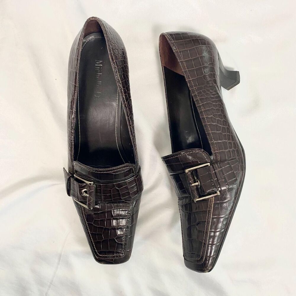 Michelle D Dark Brown 90s Minimalist Croc Buckle Loafer Kitten Heels US 8.5